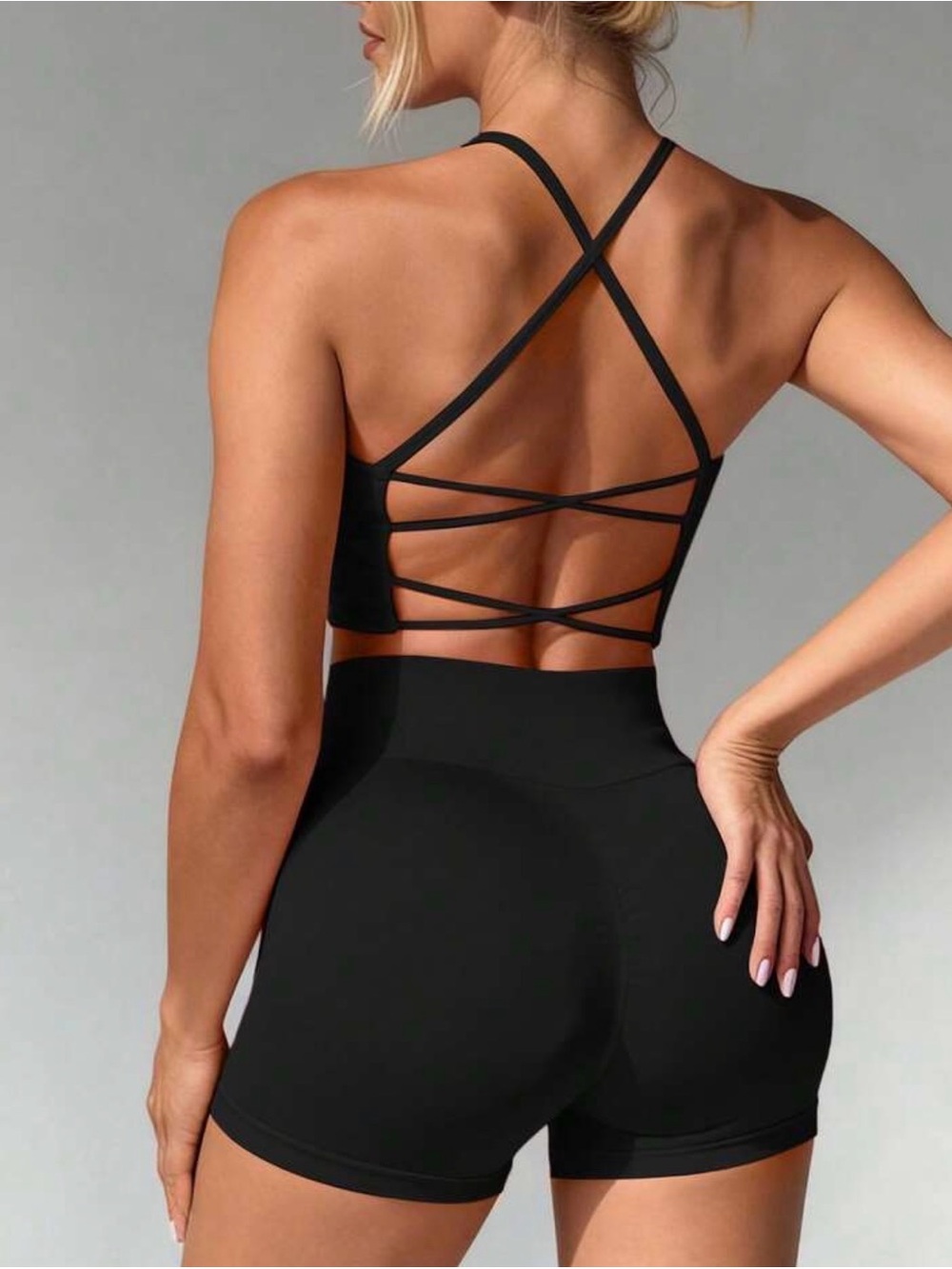 Black Strappy Back Sports Bra and High-Waist Shorts Set